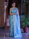 Banarasee Handloom Tissue Saree With Buti Design & Striped Zari Border-Sky Blue