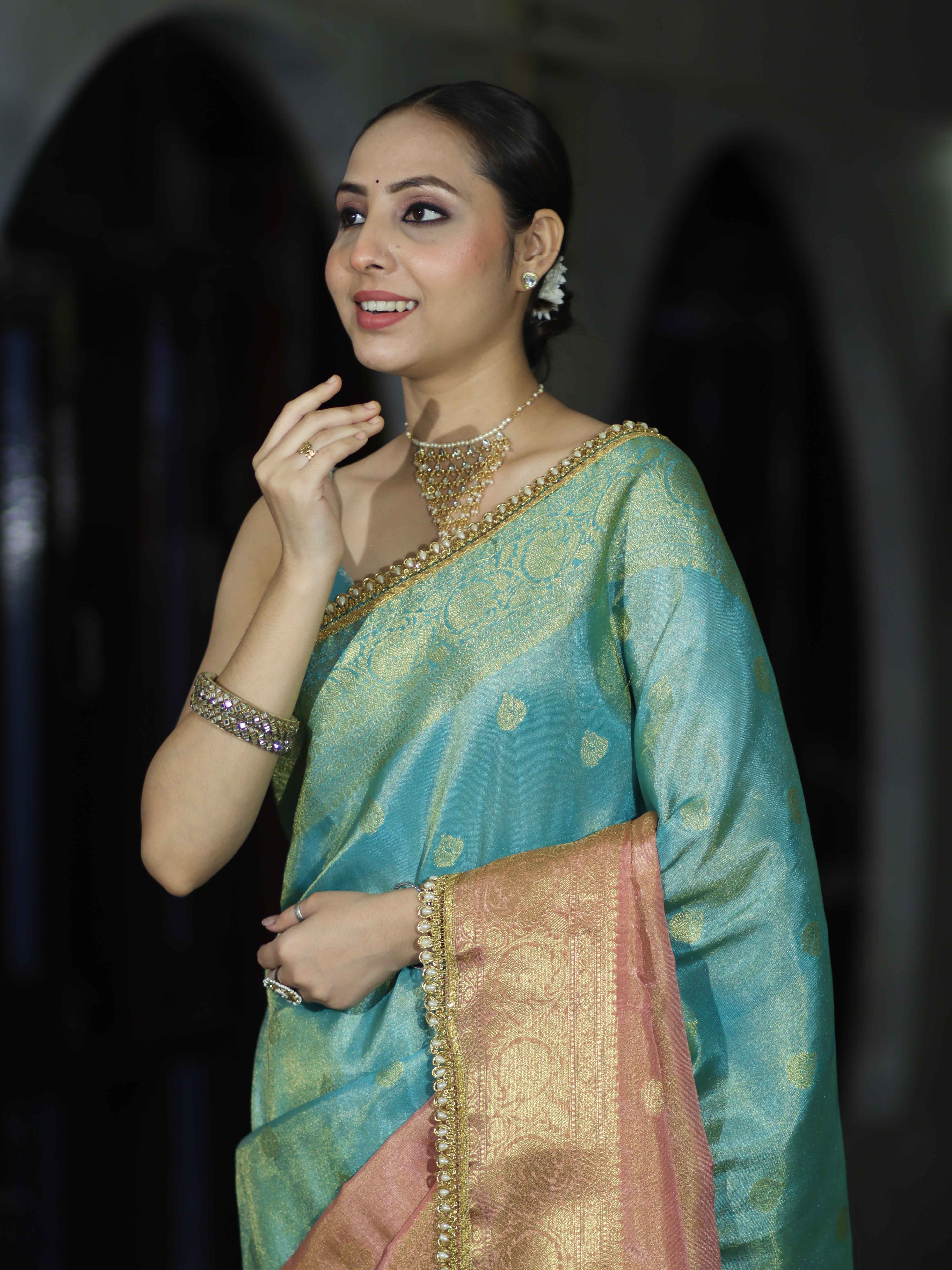 Banarasee Handloom Dual Color Tissue Silk Saree With Zari Buta Design Border & Lace-Light Blue & Peachy Pink