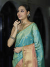 Banarasee Handloom Dual Color Tissue Silk Saree With Zari Buta Design Border & Lace-Light Blue & Peachy Pink