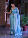 Banarasee Handloom Tissue Saree With Buti Design & Striped Zari Border-Sky Blue