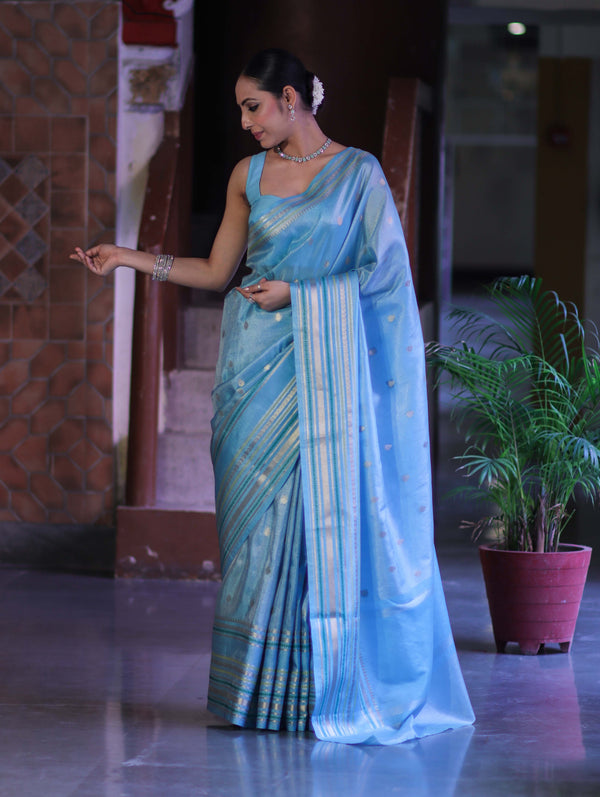 Banarasee Handloom Tissue Saree With Buti Design & Striped Zari Border-Sky Blue