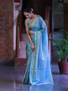 Banarasee Handloom Tissue Saree With Buti Design & Striped Zari Border-Sky Blue