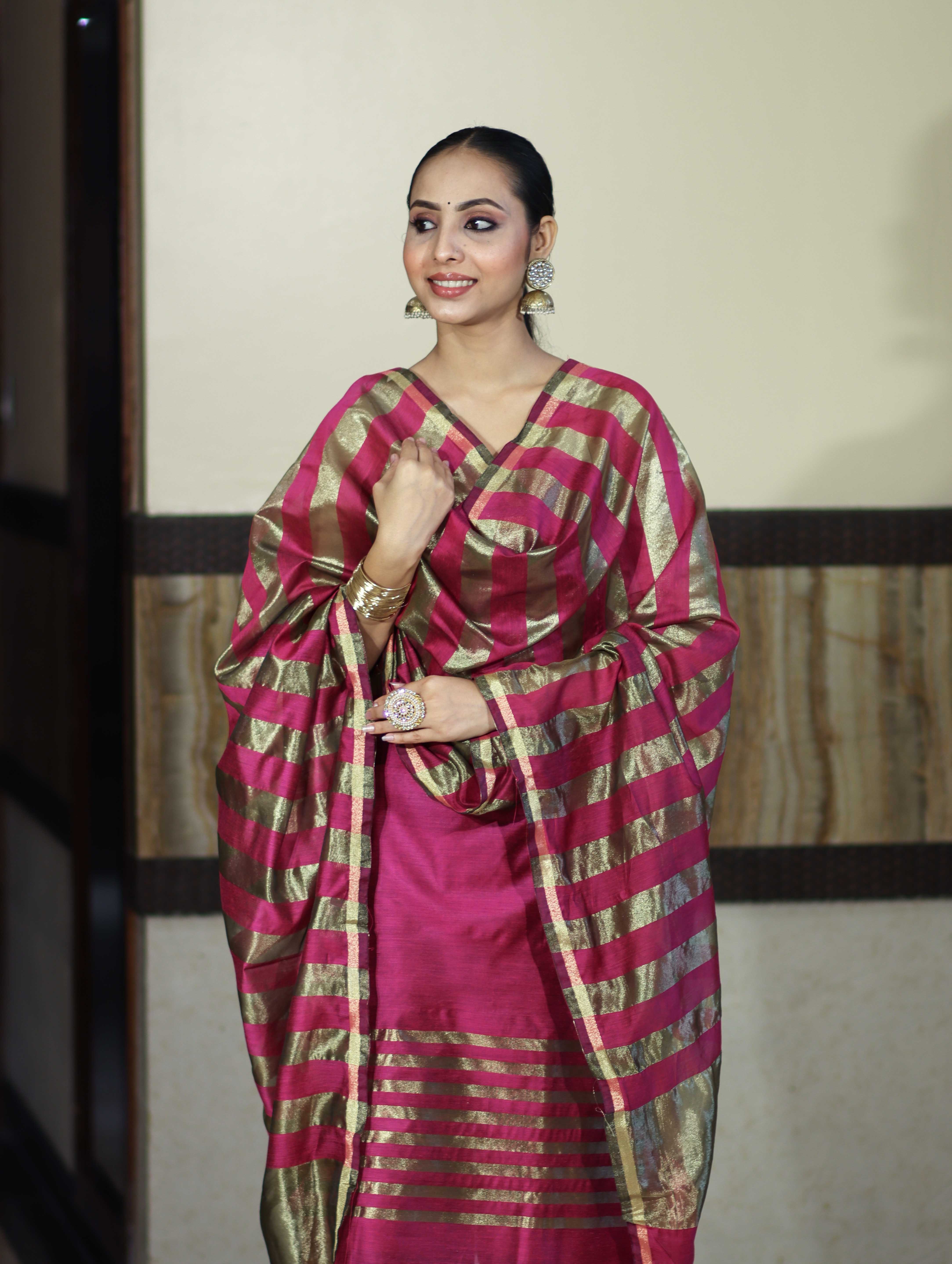 Banarasee Cotton Silk Stripe Pattern Salwar Kameez Fabric With Dupatta Set-Deep Pink
