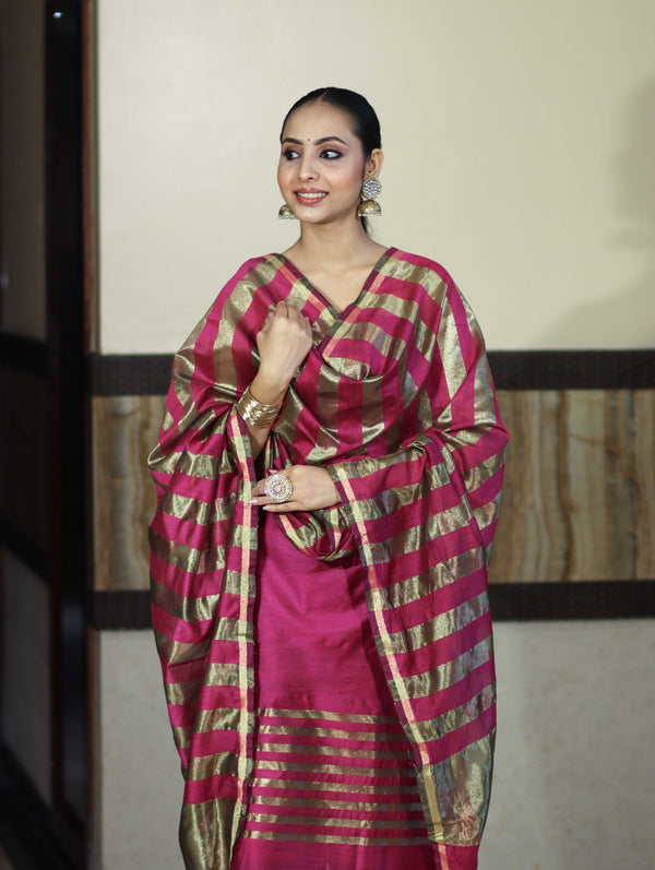 Banarasee Cotton Silk Stripe Pattern Salwar Kameez Fabric With Dupatta Set-Deep Pink