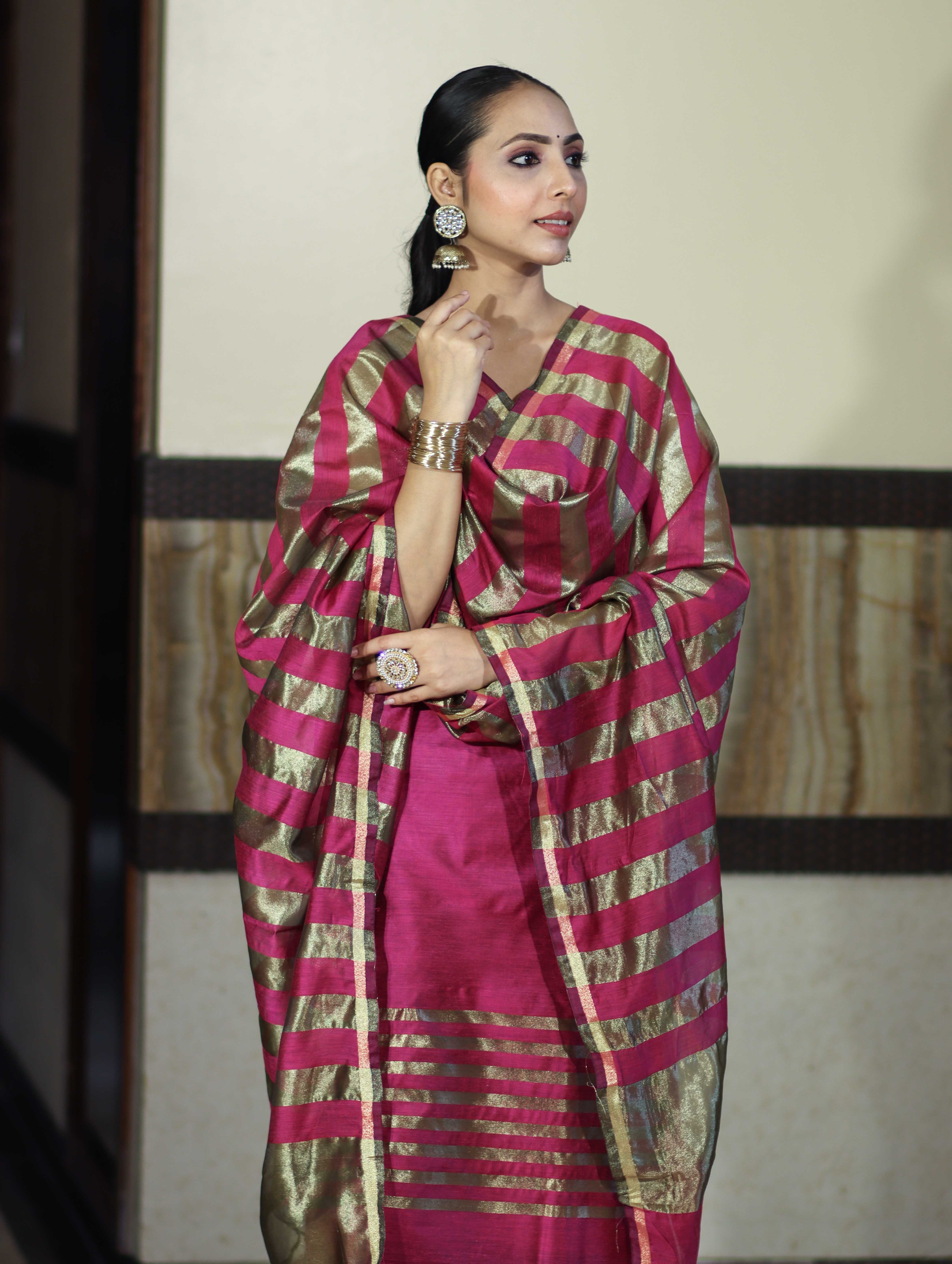 Banarasee Cotton Silk Stripe Pattern Salwar Kameez Fabric With Dupatta Set-Deep Pink