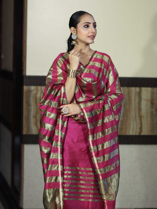 Banarasee Cotton Silk Stripe Pattern Salwar Kameez Fabric With Dupatta Set-Deep Pink