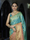 Banarasee Handloom Dual Color Tissue Silk Saree With Zari Buta Design Border & Lace-Light Blue & Peachy Pink