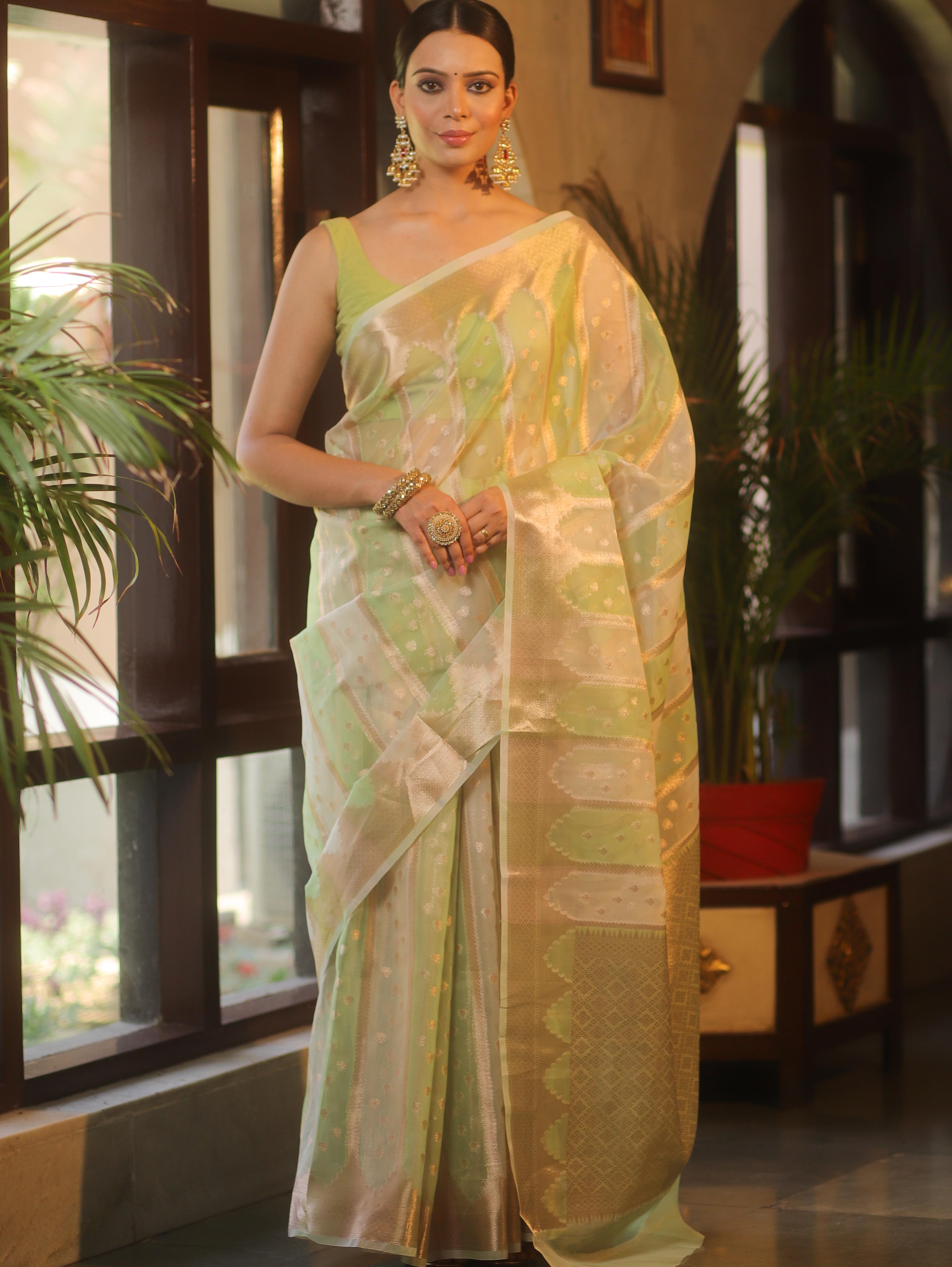 Banarasee Organza Saree With Zari Buti & Rangkat Design-Green & White
