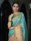 Banarasee Handloom Dual Color Tissue Silk Saree With Zari Buta Design Border & Lace-Light Blue & Peachy Pink