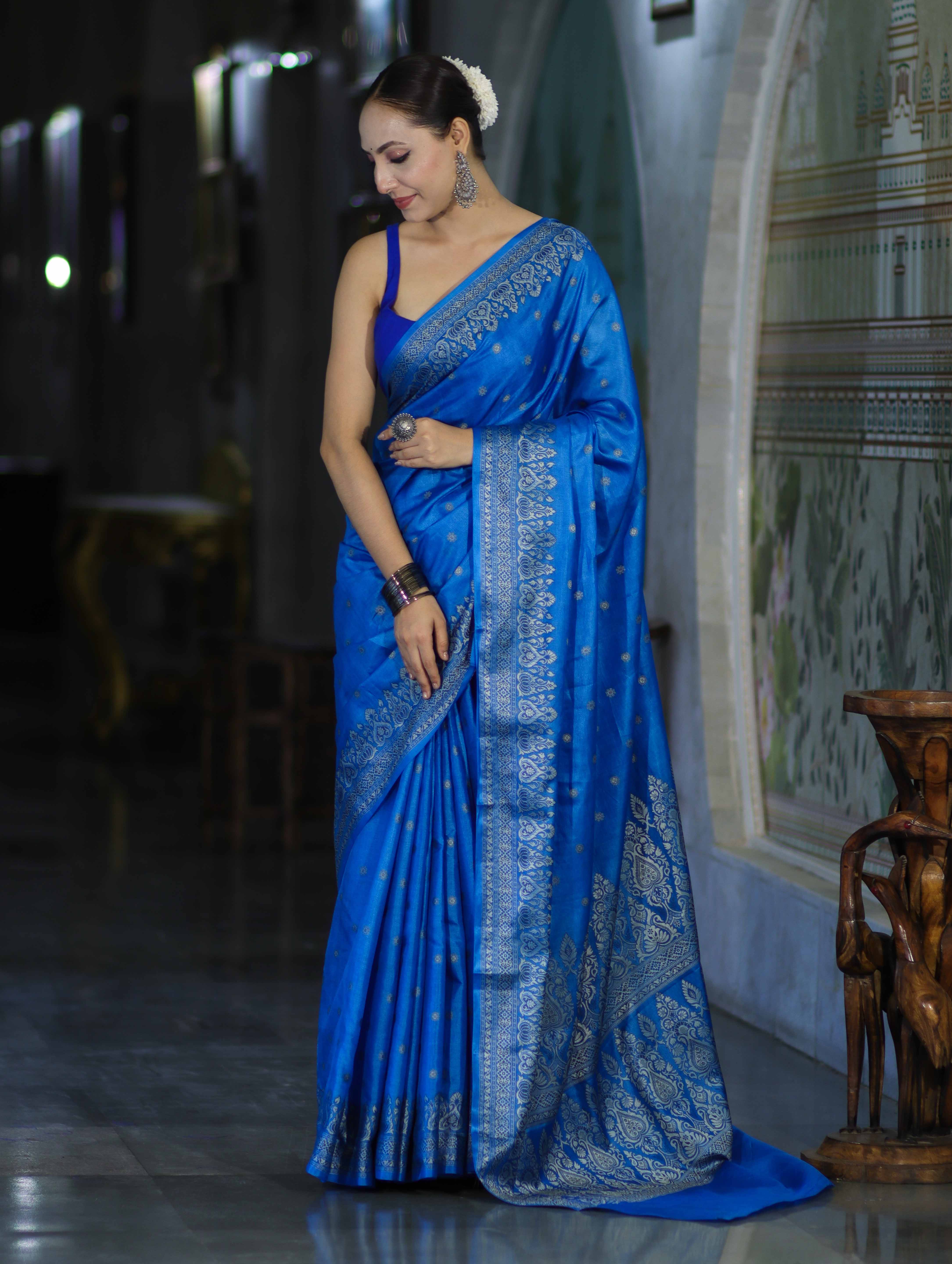 Banarasee Handwoven Pure Tussar Saree With Woven Resham Design-Blue