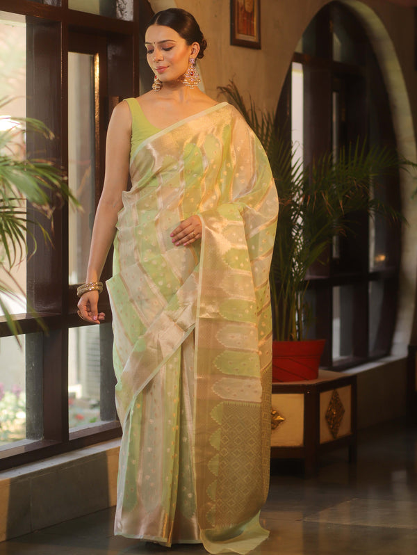 Banarasee Organza Saree With Zari Buti & Rangkat Design-Green & White