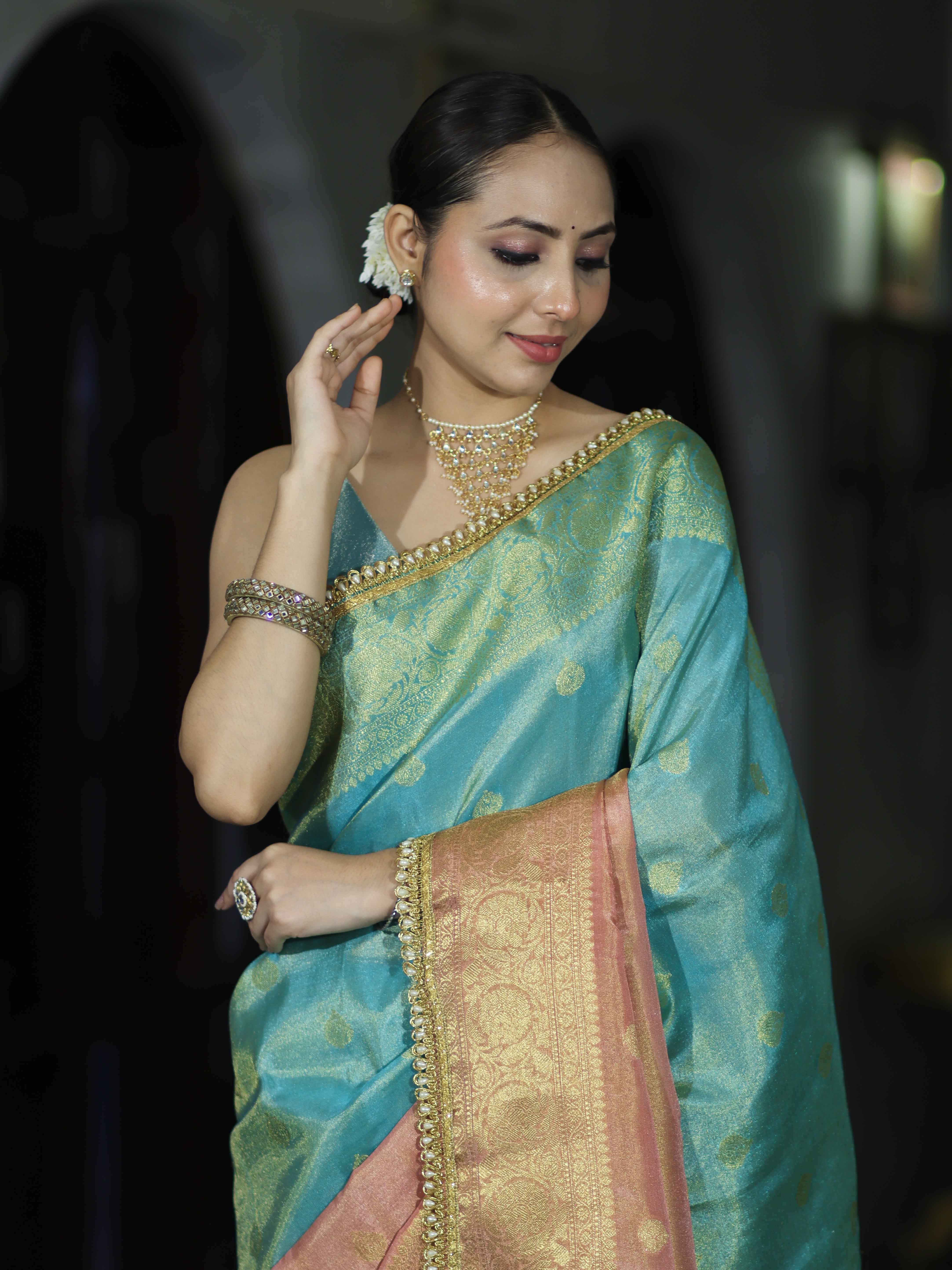 Banarasee Handloom Dual Color Tissue Silk Saree With Zari Buta Design Border & Lace-Light Blue & Peachy Pink
