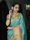 Banarasee Handloom Dual Color Tissue Silk Saree With Zari Buta Design Border & Lace-Light Blue & Peachy Pink