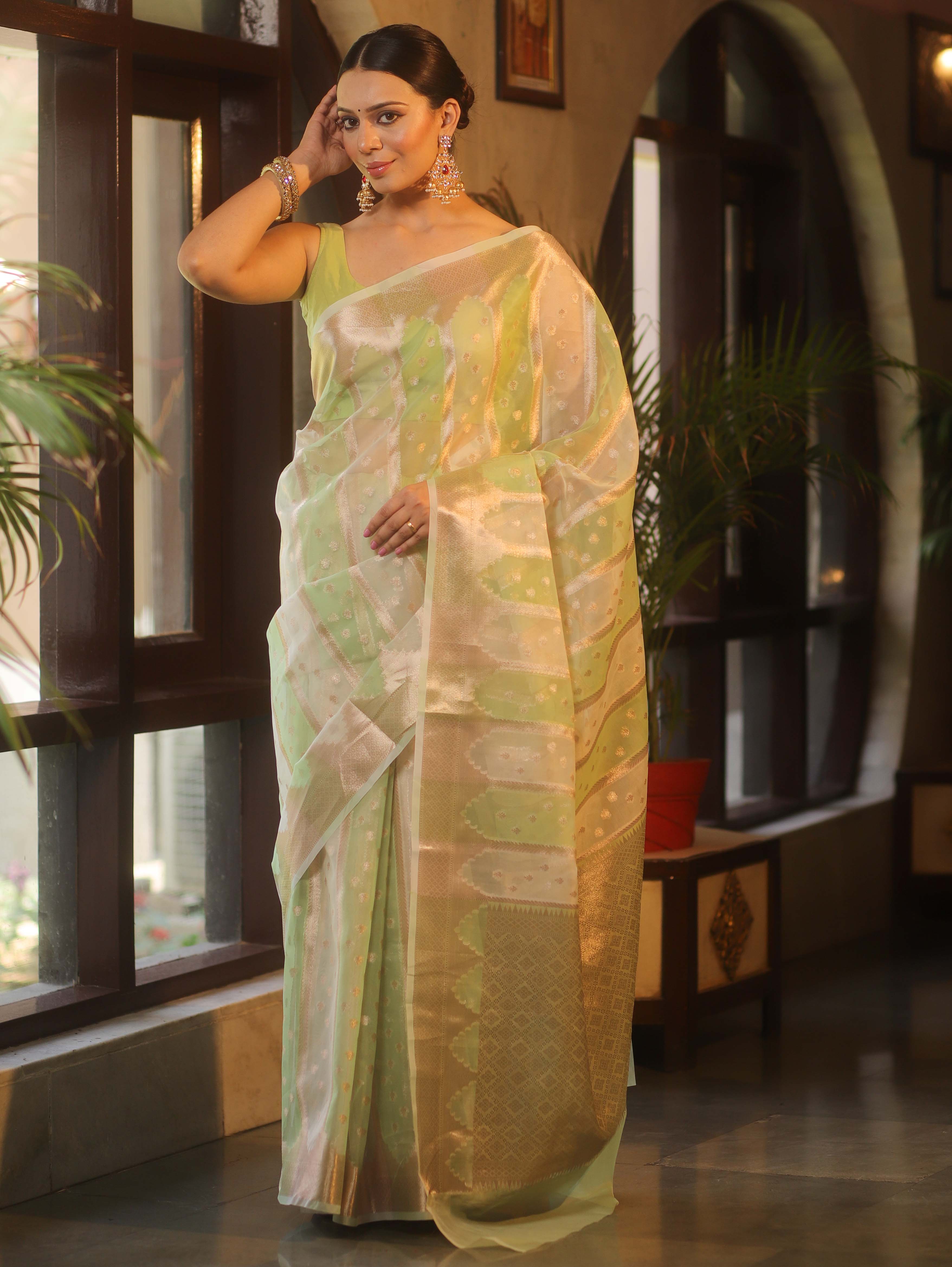 Banarasee Organza Saree With Zari Buti & Rangkat Design-Green & White