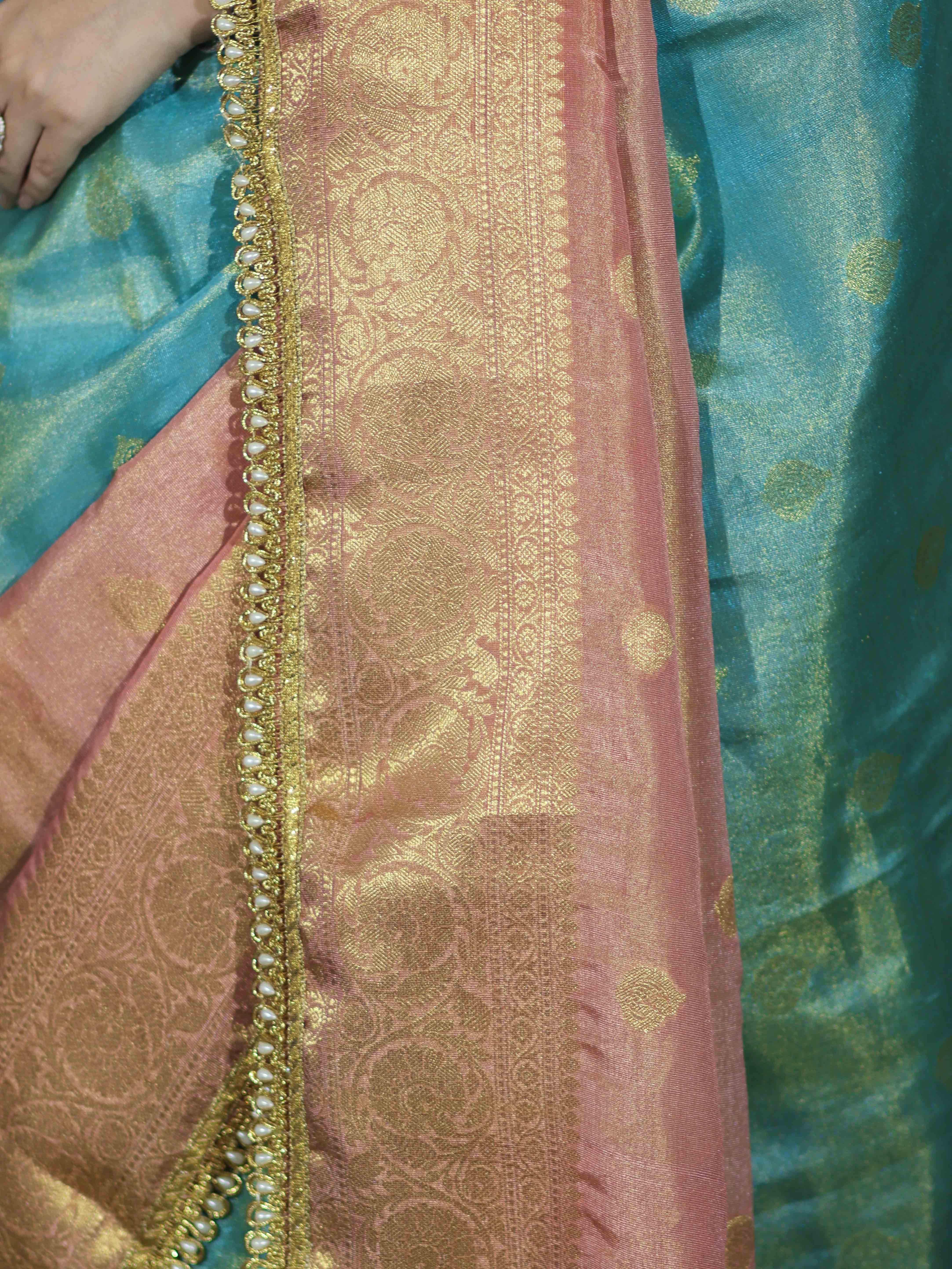Banarasee Handloom Dual Color Tissue Silk Saree With Zari Buta Design Border & Lace-Light Blue & Peachy Pink