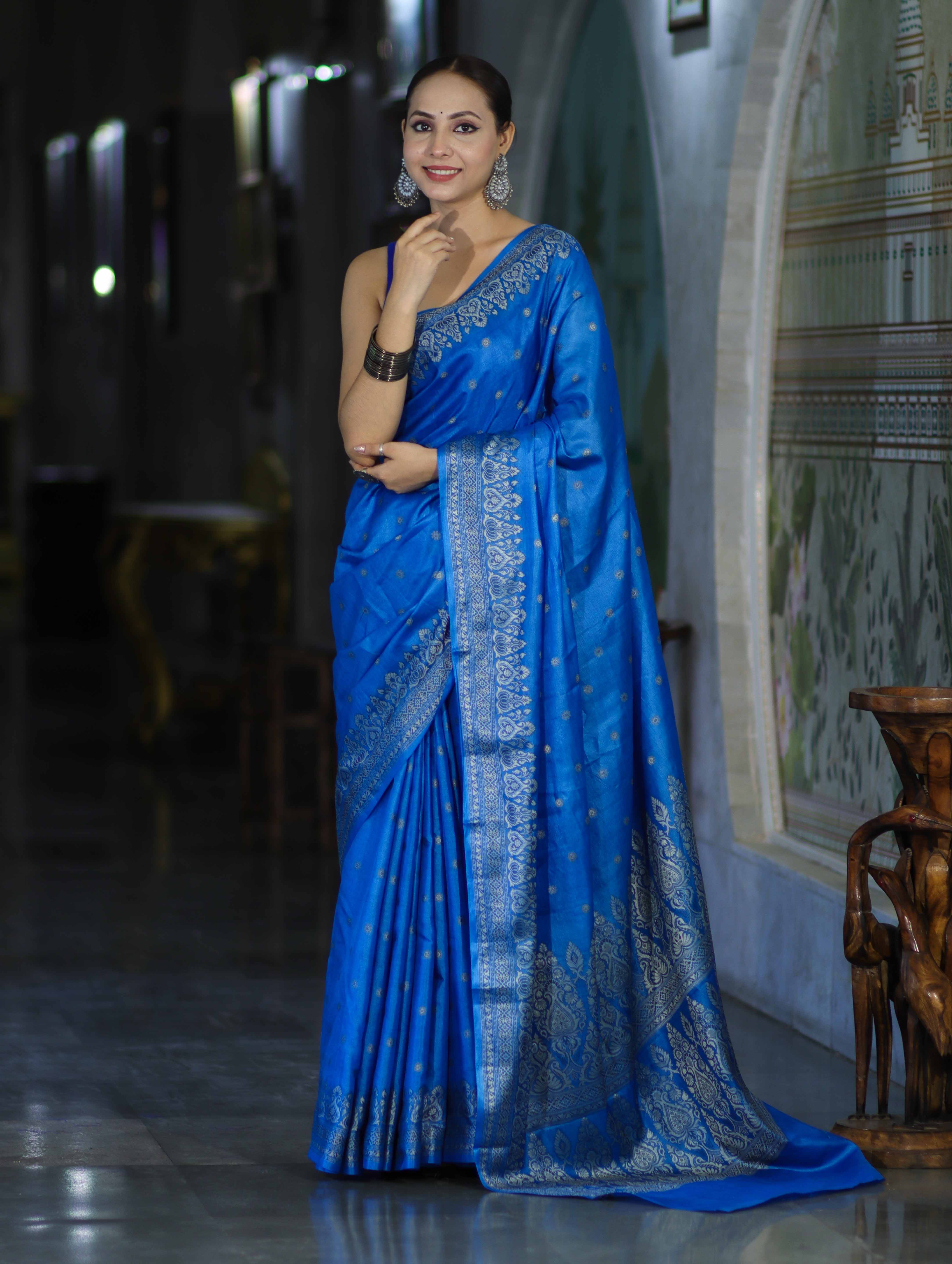 Banarasee Handwoven Pure Tussar Saree With Woven Resham Design-Blue