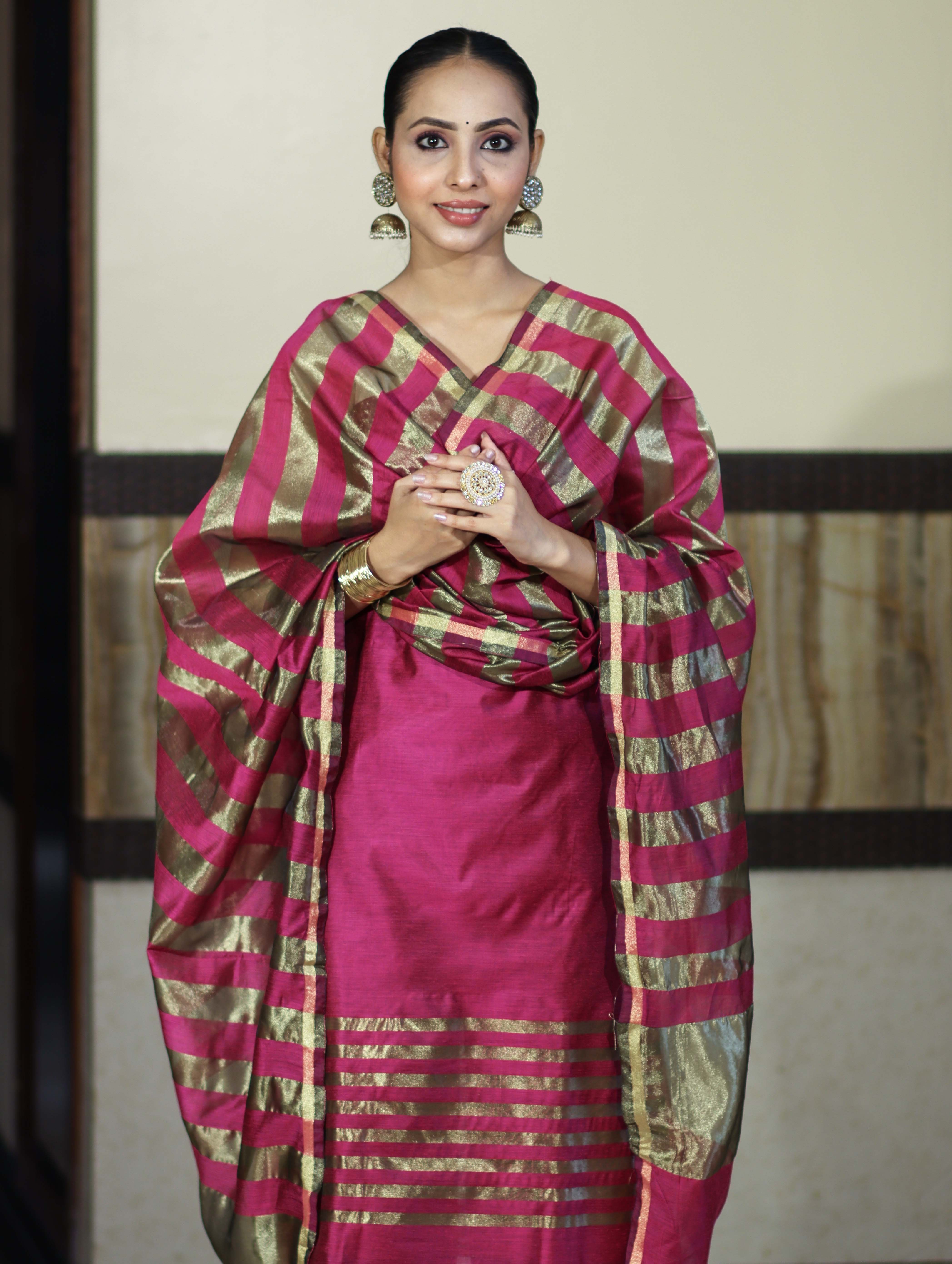 Banarasee Cotton Silk Stripe Pattern Salwar Kameez Fabric With Dupatta Set-Deep Pink
