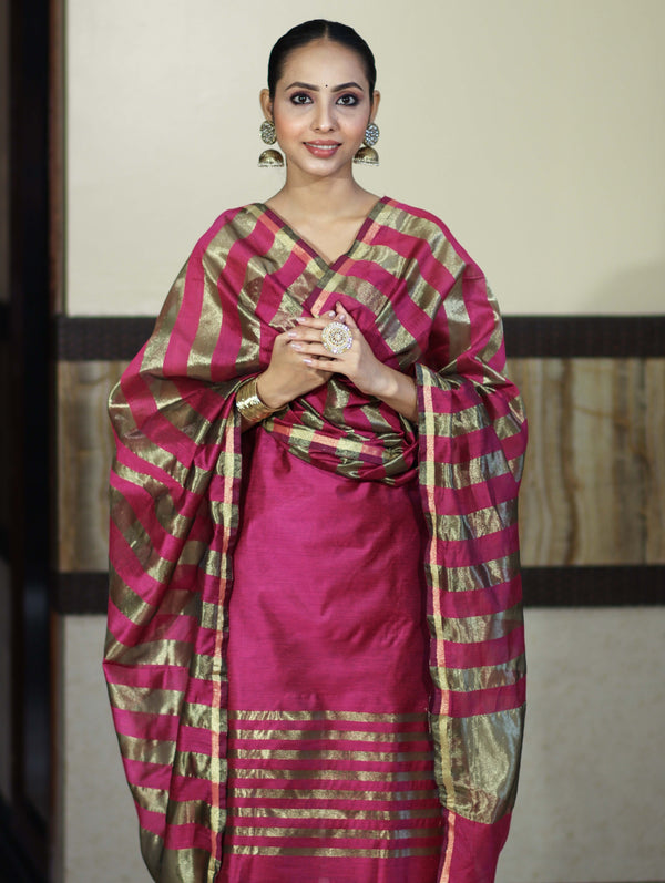 Banarasee Cotton Silk Stripe Pattern Salwar Kameez Fabric With Dupatta Set-Deep Pink