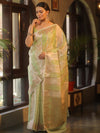 Banarasee Organza Saree With Zari Buti & Rangkat Design-Green & White