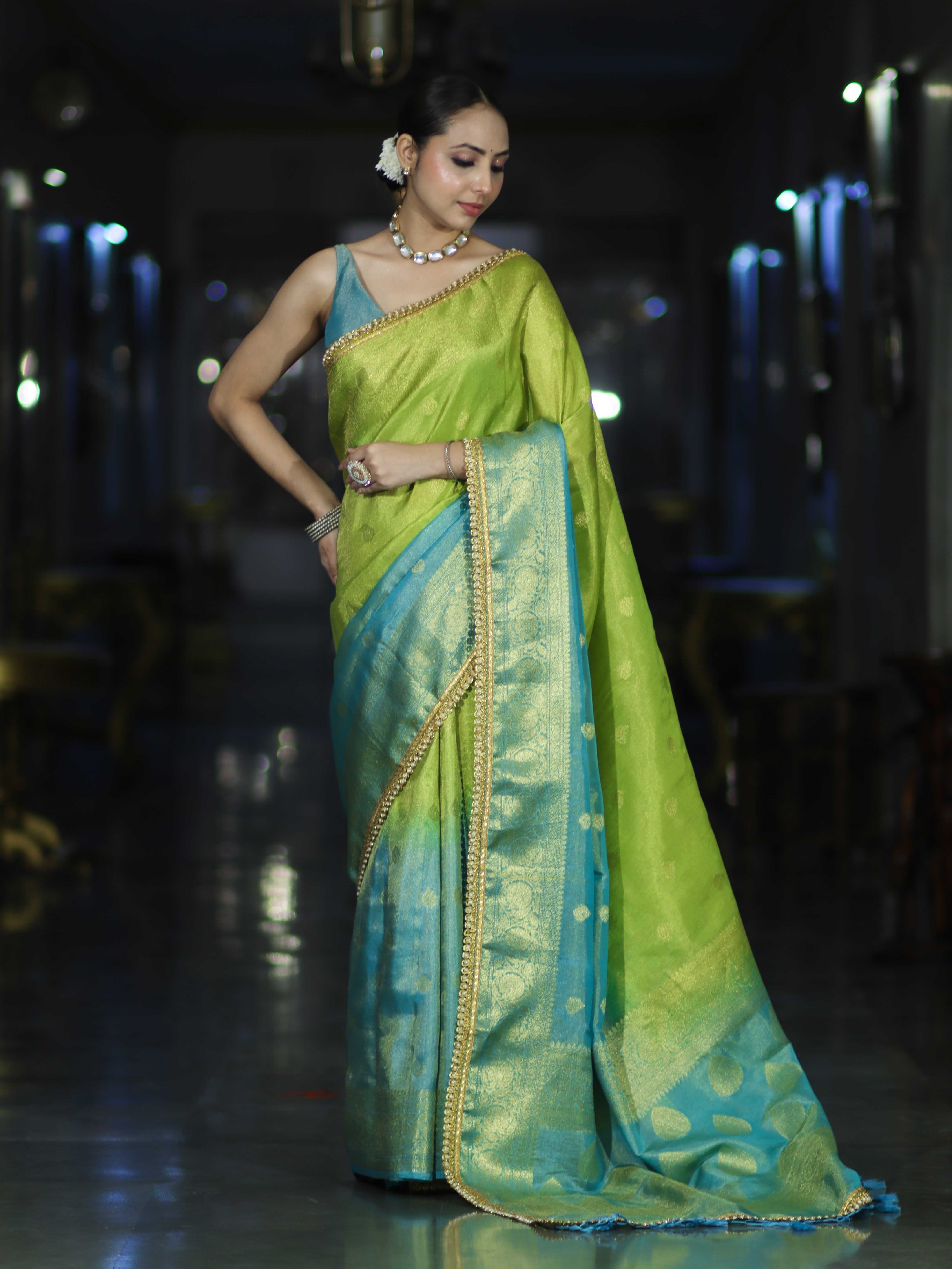 Banarasee Handloom Dual Color Tissue Silk Saree With Zari Buta Design Border & Lace-Light Green & Light Blue