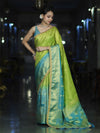 Banarasee Handloom Dual Color Tissue Silk Saree With Zari Buta Design Border & Lace-Light Green & Light Blue
