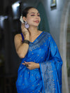Banarasee Handwoven Pure Tussar Saree With Woven Resham Design-Blue
