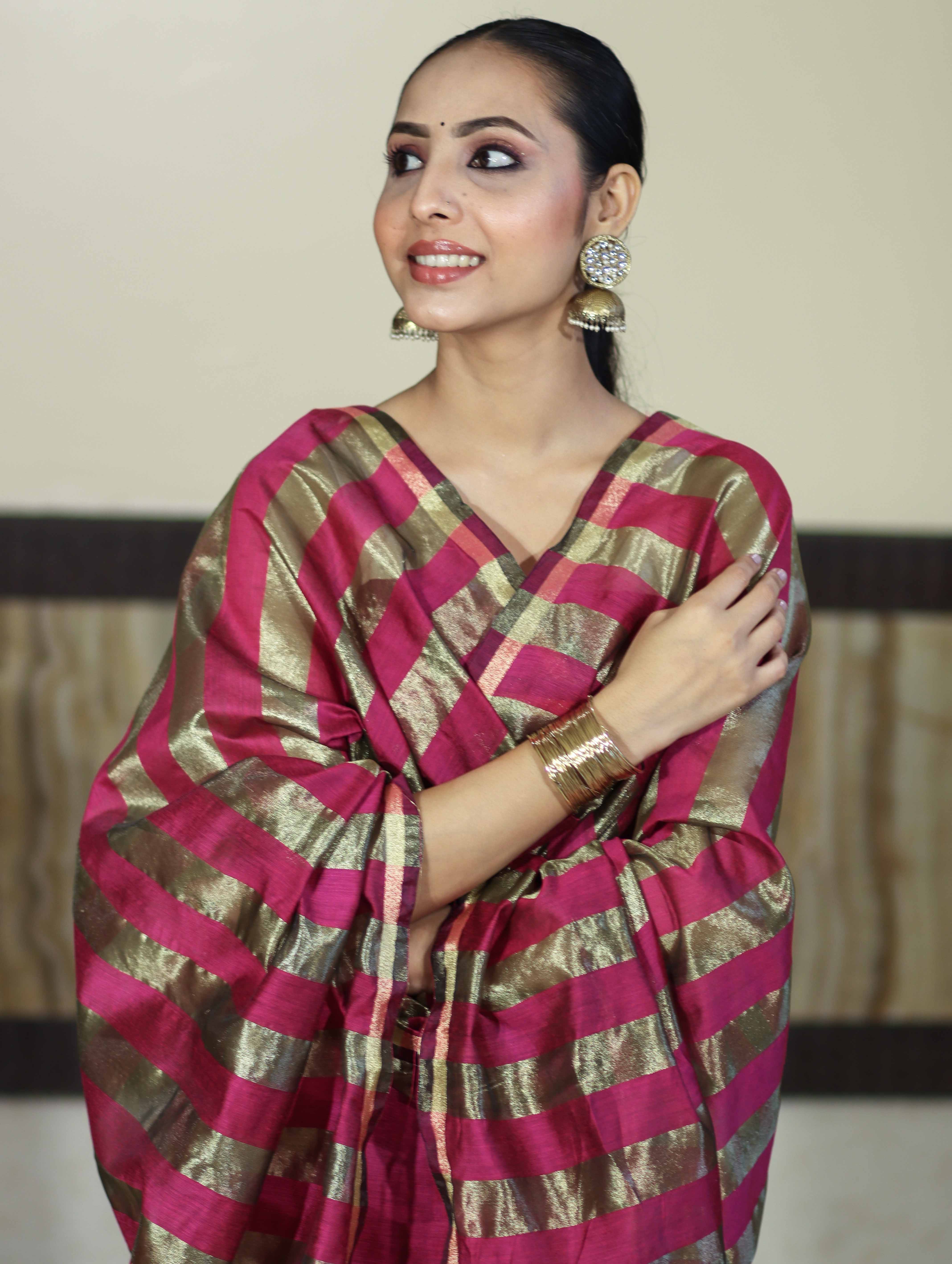Banarasee Cotton Silk Stripe Pattern Salwar Kameez Fabric With Dupatta Set-Deep Pink