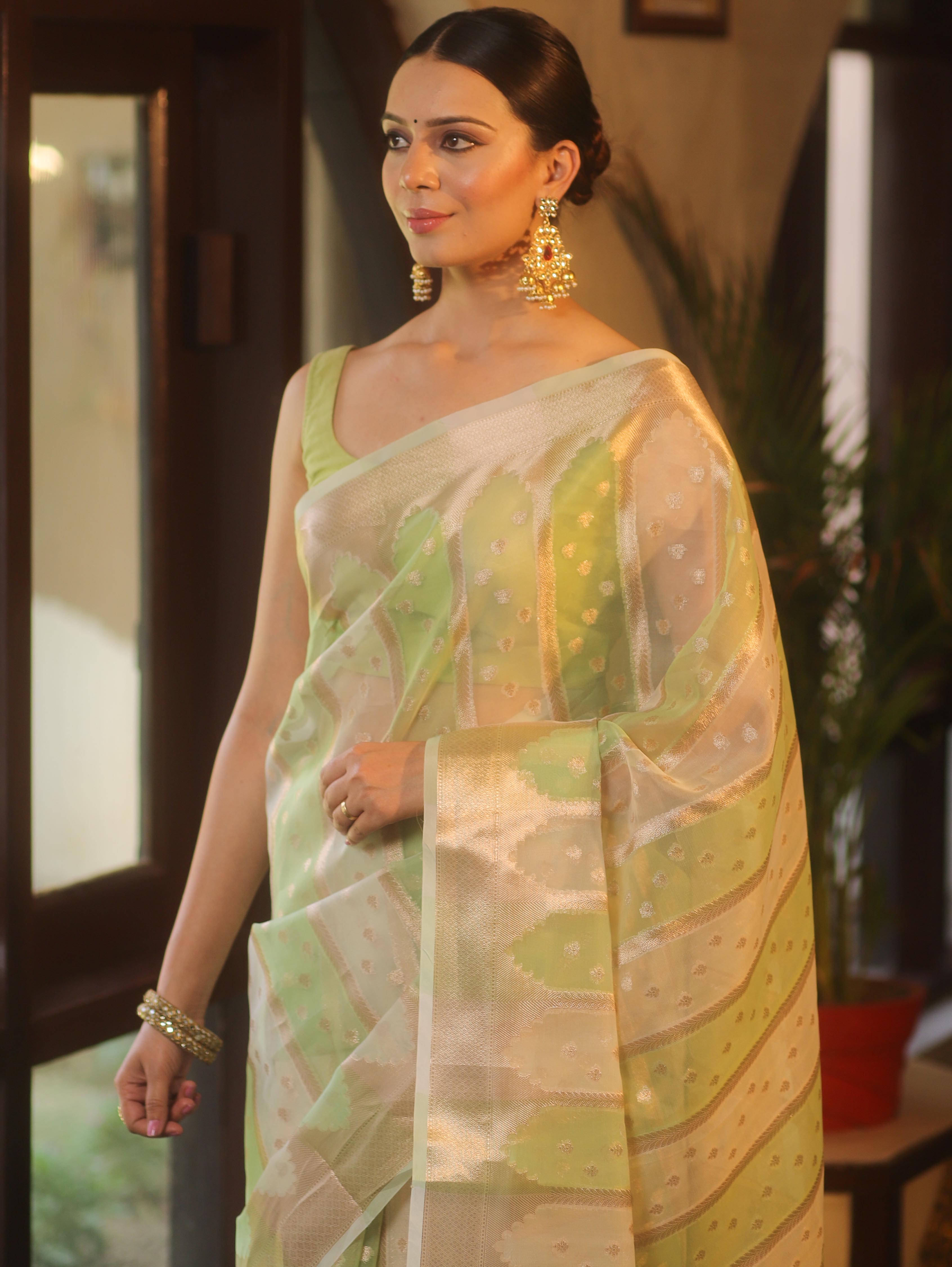 Banarasee Organza Saree With Zari Buti & Rangkat Design-Green & White