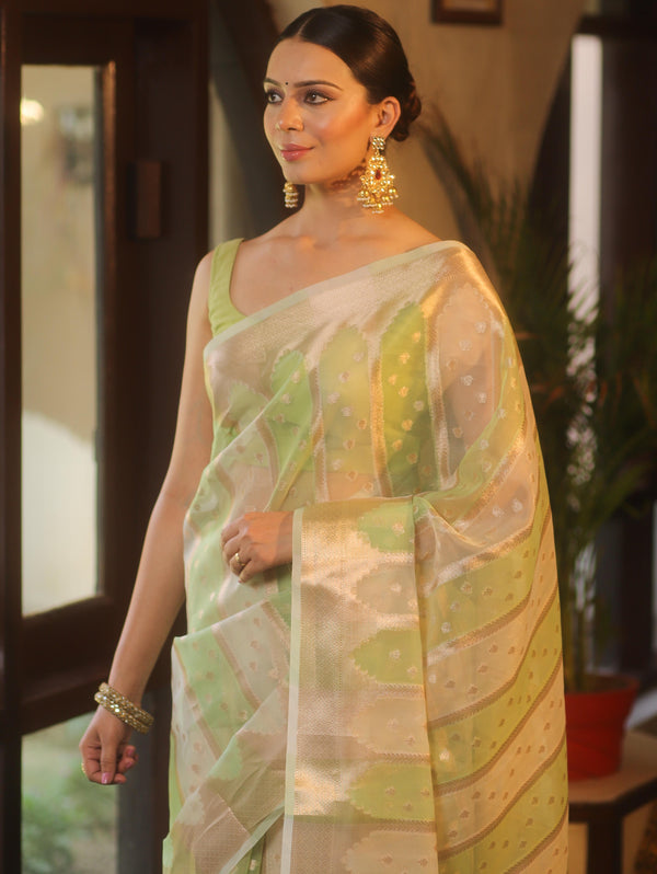 Banarasee Organza Saree With Zari Buti & Rangkat Design-Green & White