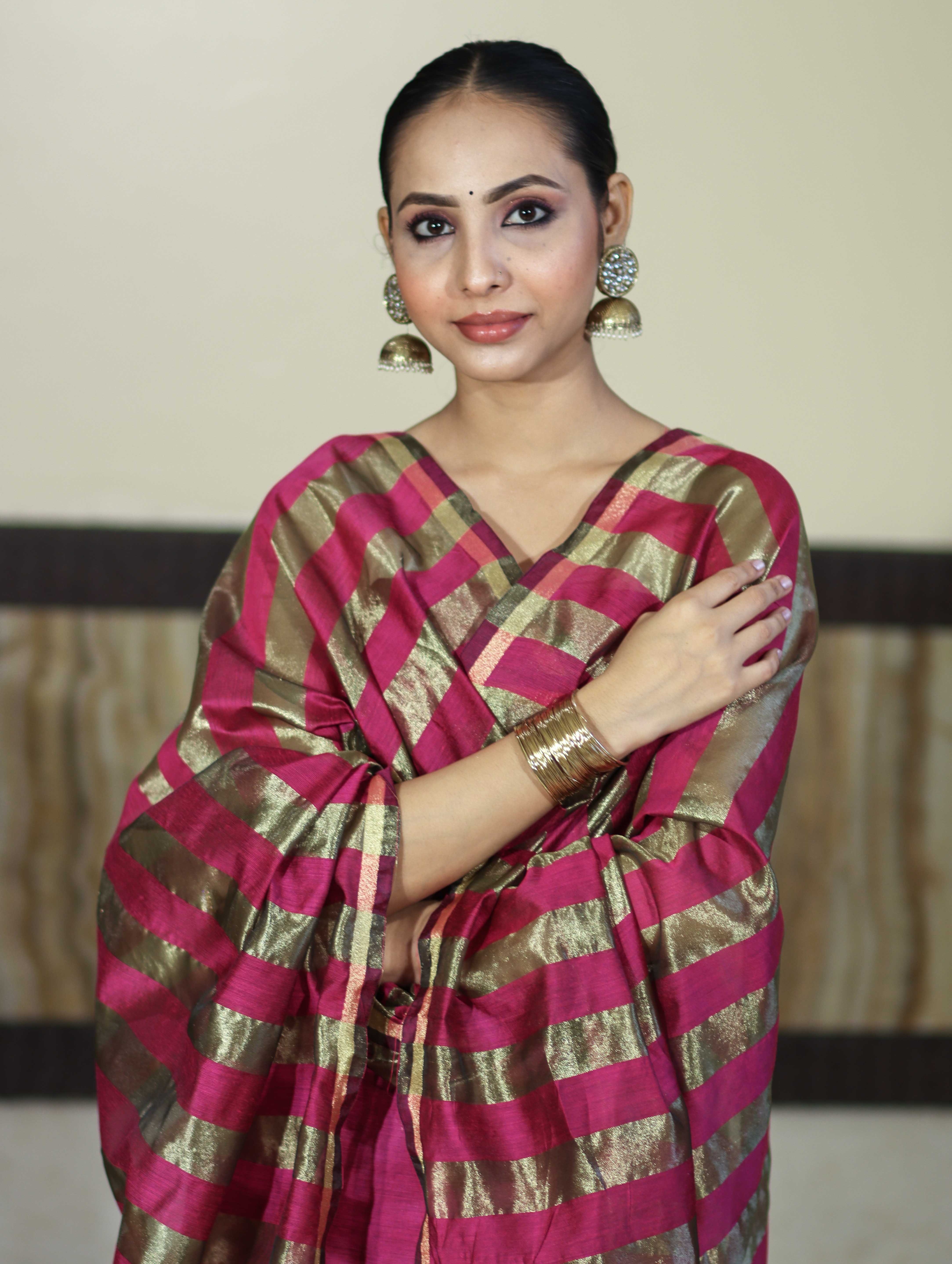 Banarasee Cotton Silk Stripe Pattern Salwar Kameez Fabric With Dupatta Set-Deep Pink
