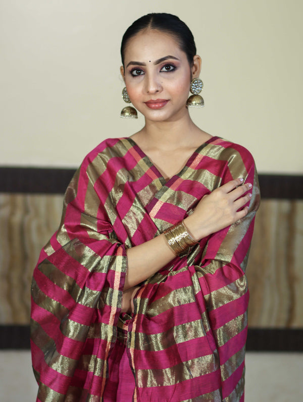 Banarasee Cotton Silk Stripe Pattern Salwar Kameez Fabric With Dupatta Set-Deep Pink