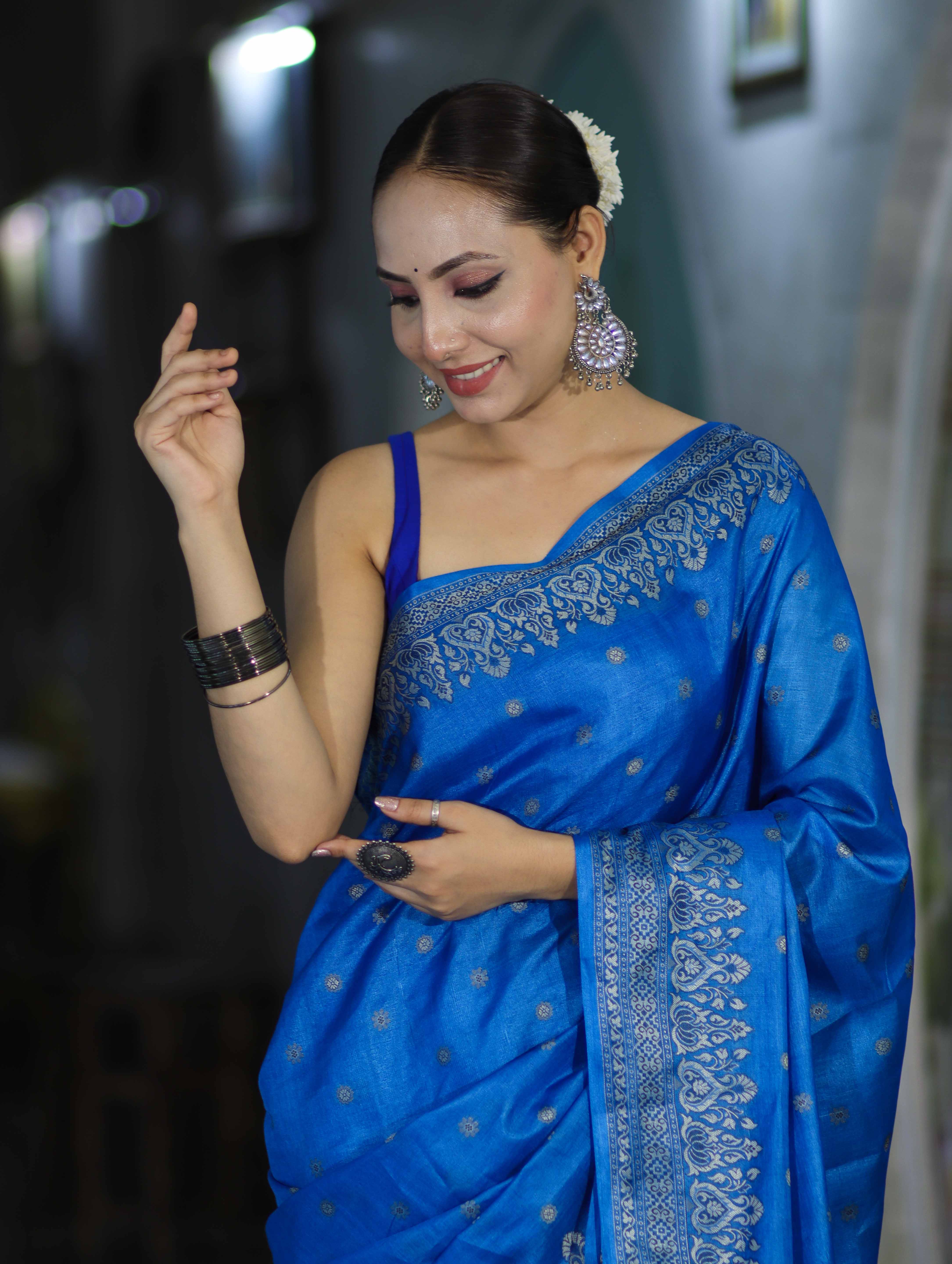 Banarasee Handwoven Pure Tussar Saree With Woven Resham Design-Blue