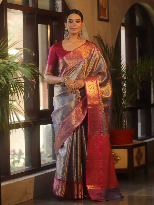Banarasee Handwoven Tissue Saree With Zari Jaal Design & Broad Broder-Blue & Pink