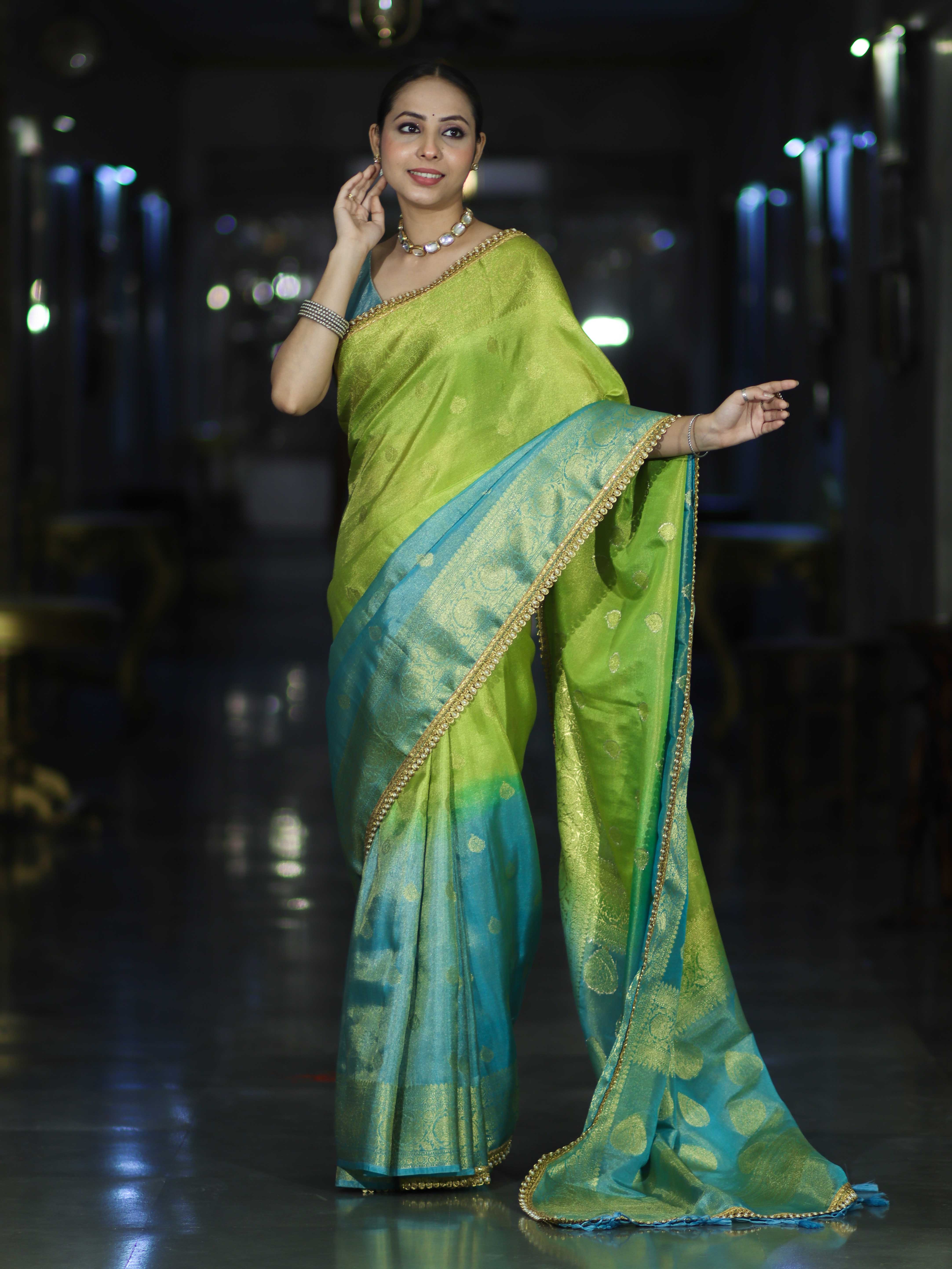 Banarasee Handloom Dual Color Tissue Silk Saree With Zari Buta Design Border & Lace-Light Green & Light Blue