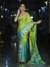 Banarasee Handloom Dual Color Tissue Silk Saree With Zari Buta Design Border & Lace-Light Green & Light Blue