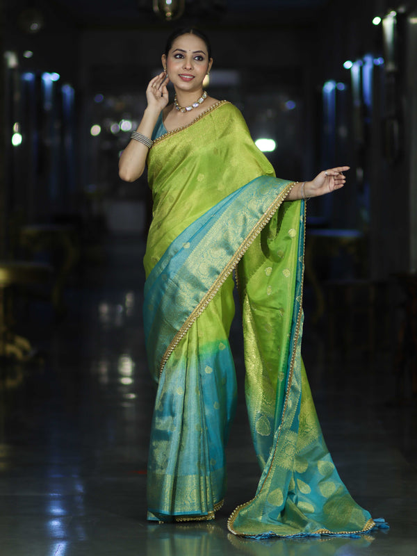 Banarasee Handloom Dual Color Tissue Silk Saree With Zari Buta Design Border & Lace-Light Green & Light Blue