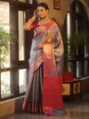 Banarasee Handwoven Tissue Saree With Zari Jaal Design & Broad Broder-Blue & Pink