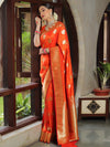 Banarasee Handwoven Semi-Katan Tanchoi Weaving Floral Border Saree-Orange