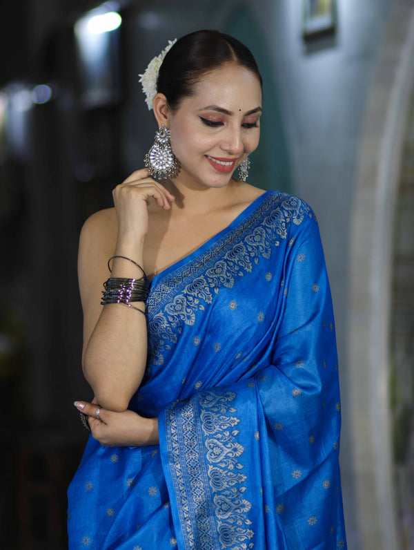 Banarasee Handwoven Pure Tussar Saree With Woven Resham Design-Blue