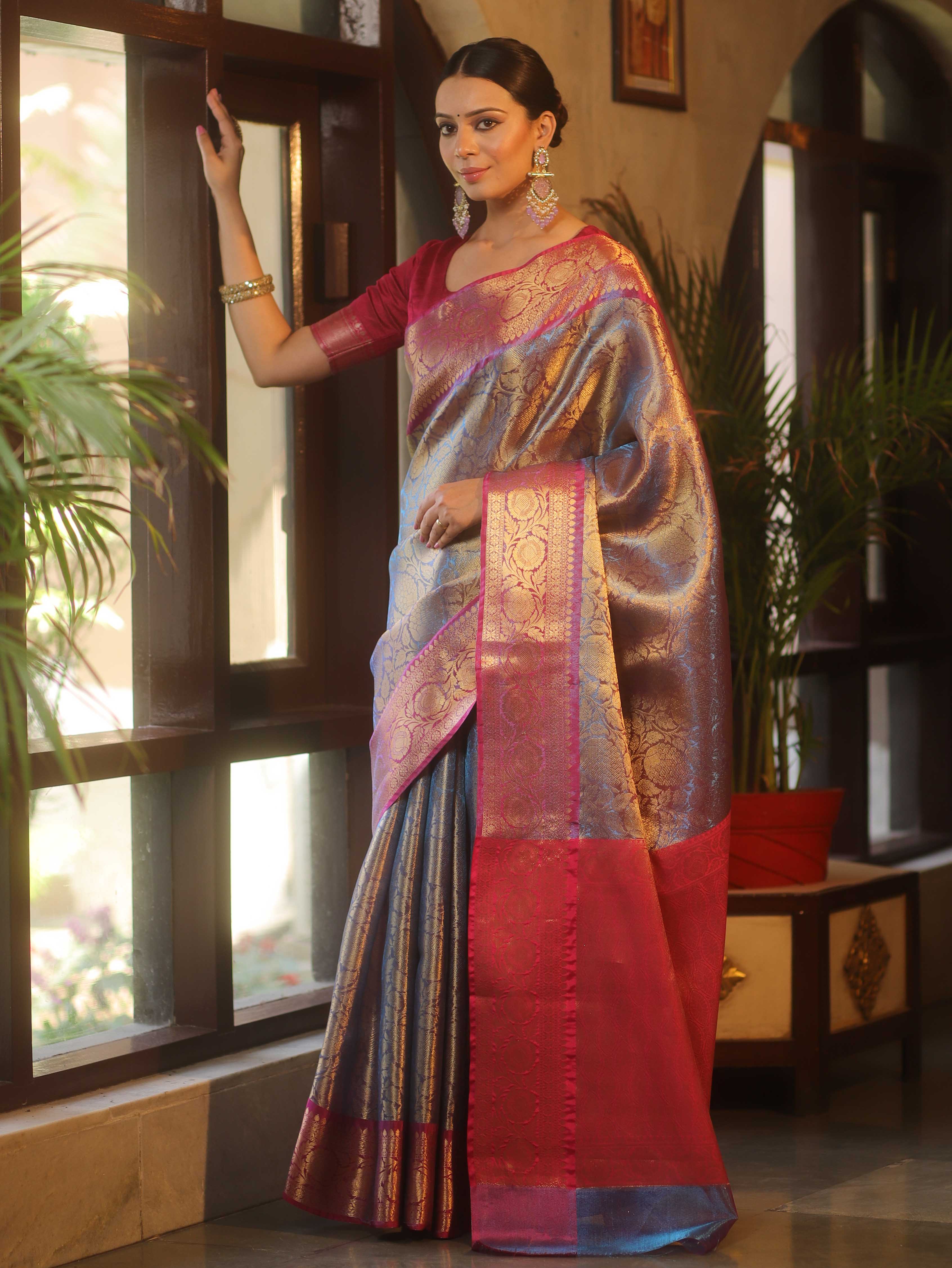 Banarasee Handwoven Tissue Saree With Zari Jaal Design & Broad Broder-Blue & Pink