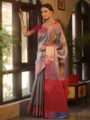 Banarasee Handwoven Tissue Saree With Zari Jaal Design & Broad Broder-Blue & Pink