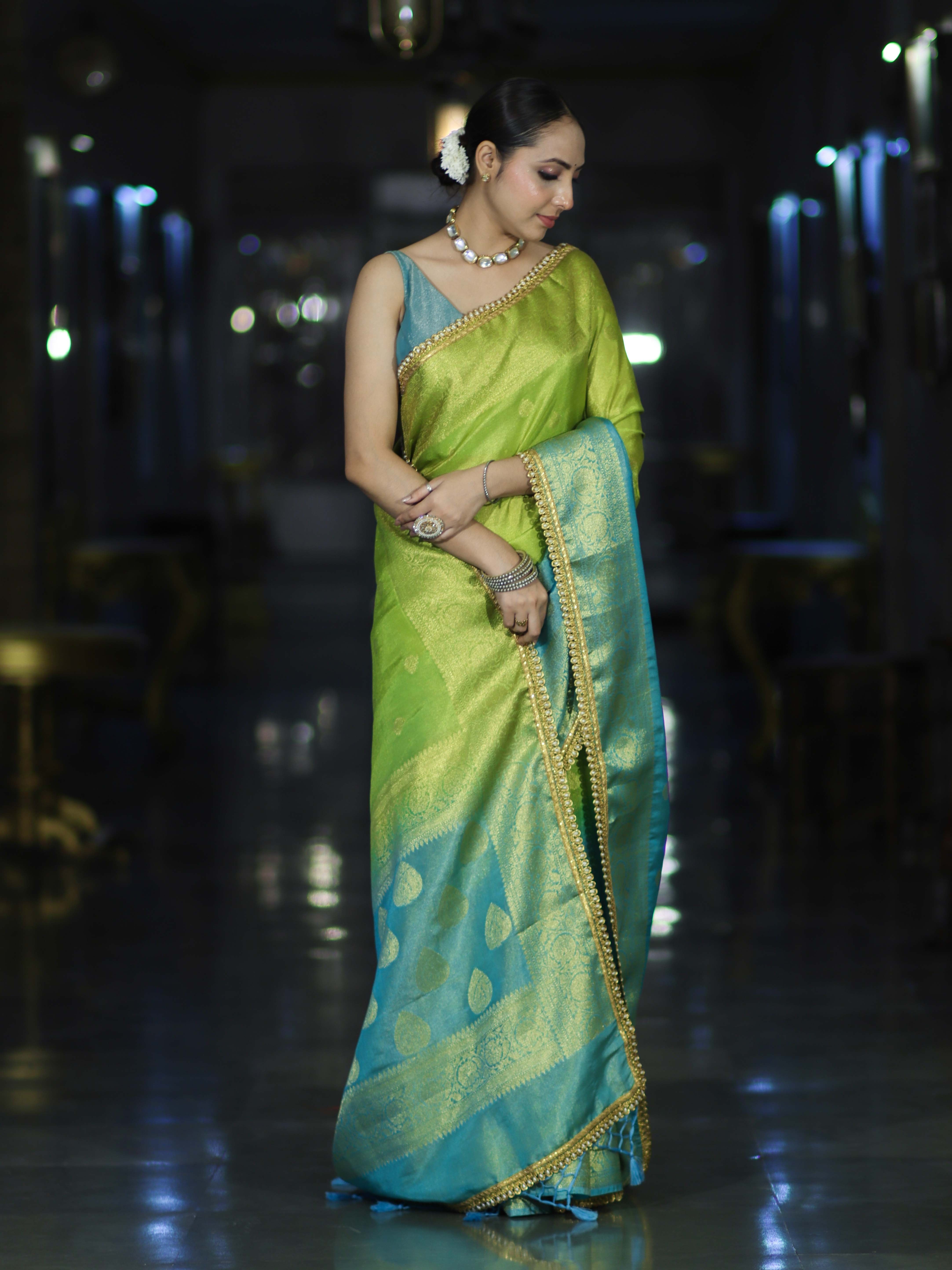 Banarasee Handloom Dual Color Tissue Silk Saree With Zari Buta Design Border & Lace-Light Green & Light Blue