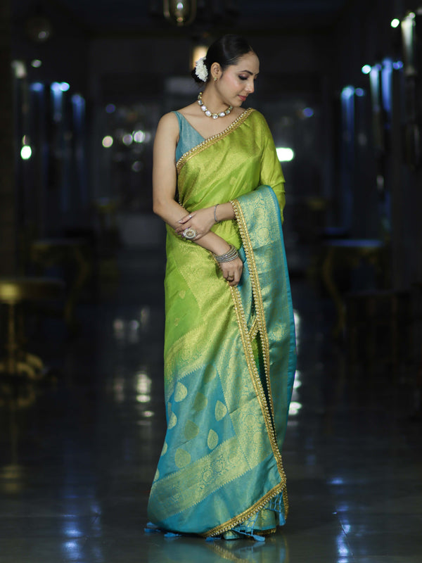 Banarasee Handloom Dual Color Tissue Silk Saree With Zari Buta Design Border & Lace-Light Green & Light Blue