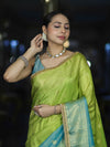 Banarasee Handloom Dual Color Tissue Silk Saree With Zari Buta Design Border & Lace-Light Green & Light Blue