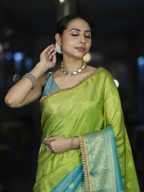 Banarasee Handloom Dual Color Tissue Silk Saree With Zari Buta Design Border & Lace-Light Green & Light Blue