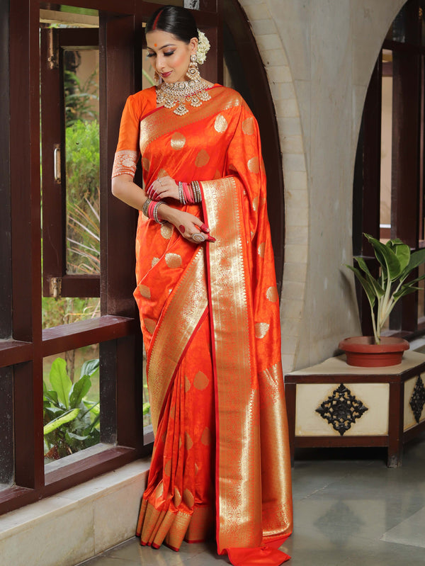 Banarasee Handwoven Semi-Katan Tanchoi Weaving Floral Border Saree-Orange