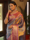 Banarasee Handwoven Tissue Saree With Zari Jaal Design & Broad Broder-Blue & Pink