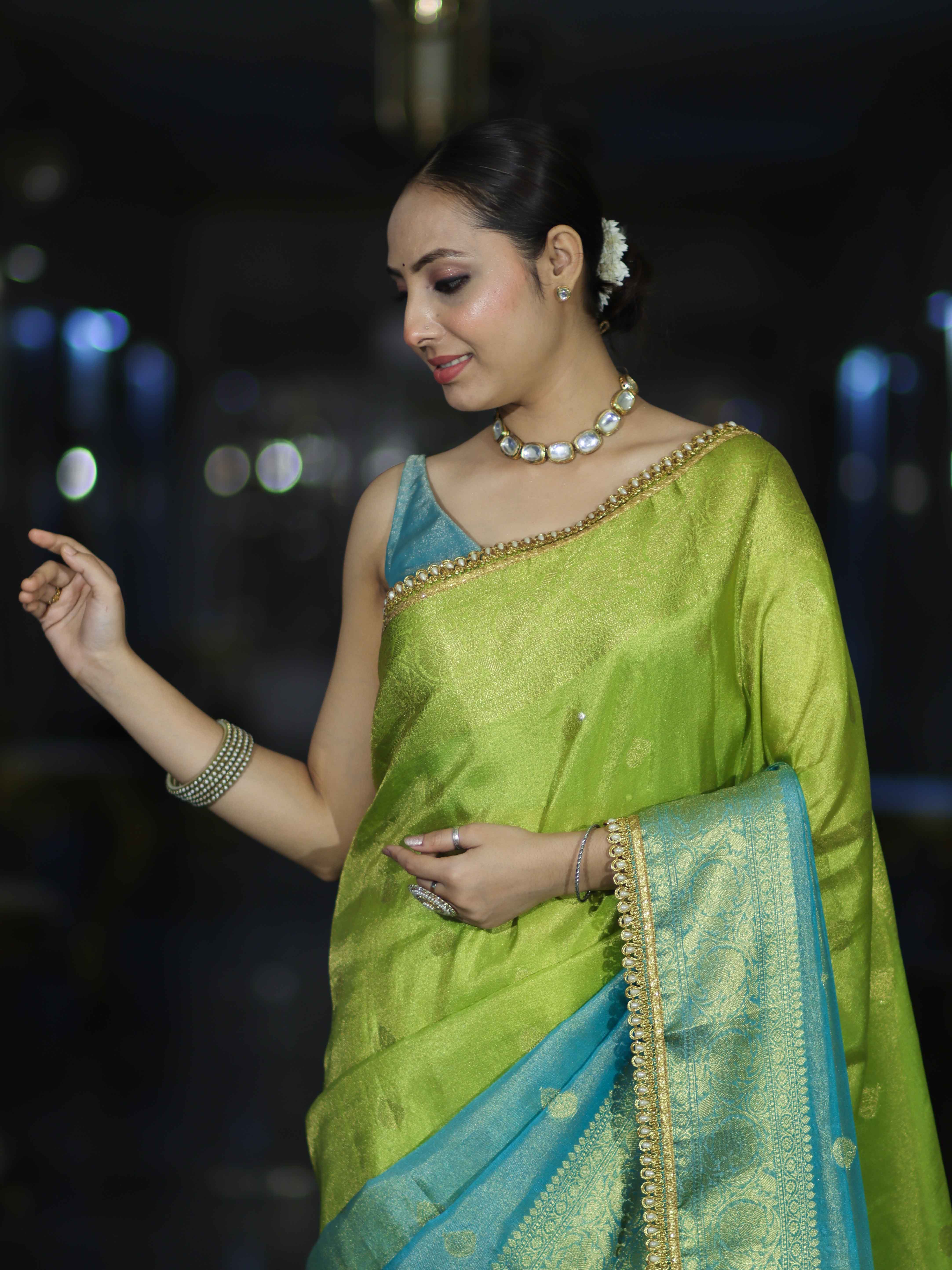 Banarasee Handloom Dual Color Tissue Silk Saree With Zari Buta Design Border & Lace-Light Green & Light Blue