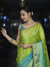 Banarasee Handloom Dual Color Tissue Silk Saree With Zari Buta Design Border & Lace-Light Green & Light Blue