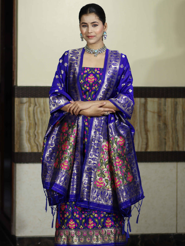 Banarasee Semi-Silk Zari & Resham Work Salwar Kameez Fabric With Dupatta Set-Royal Blue